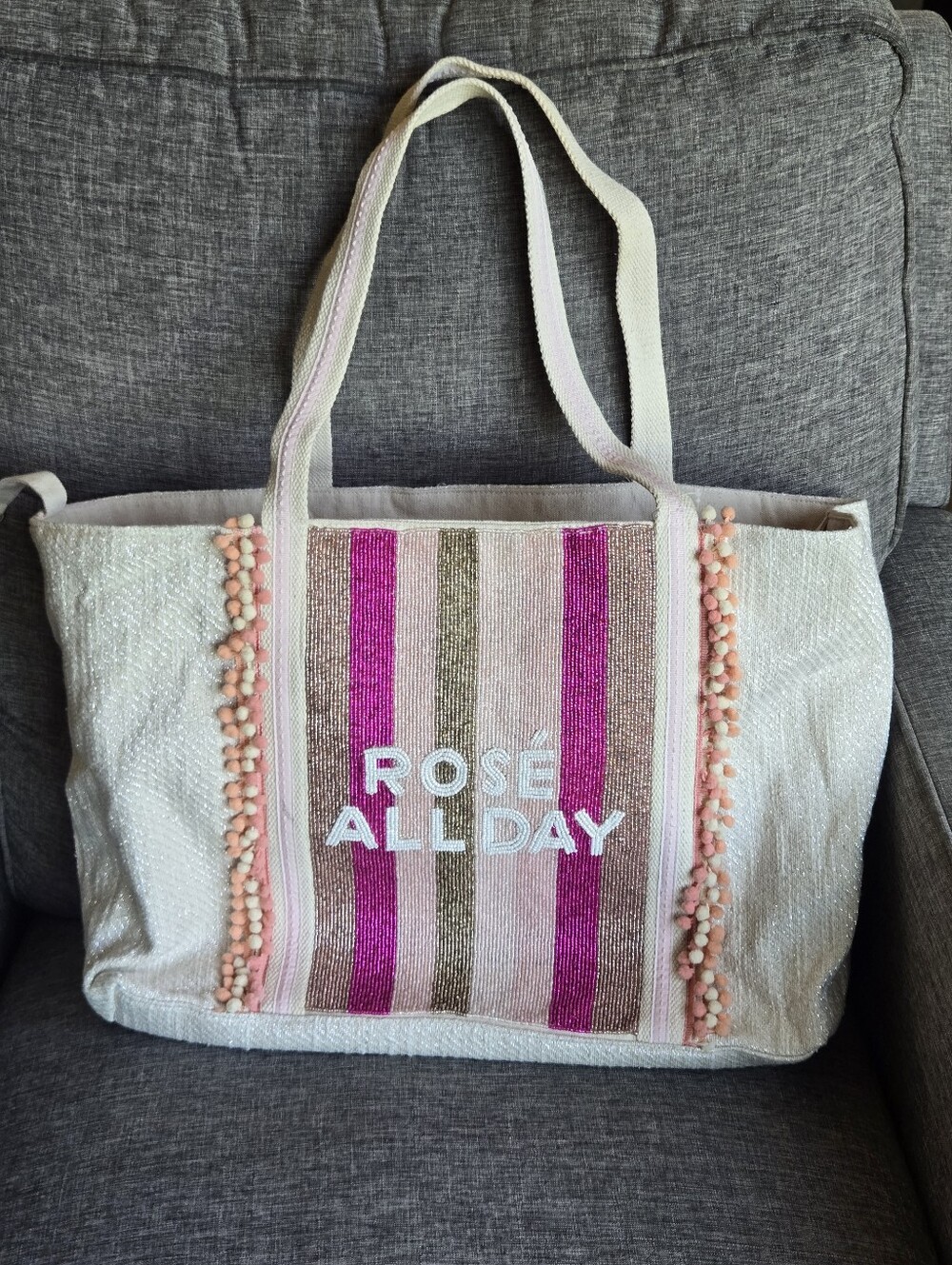 America & Beyond Rose’ All Day Embellished Glitter Beaded Tote NWT